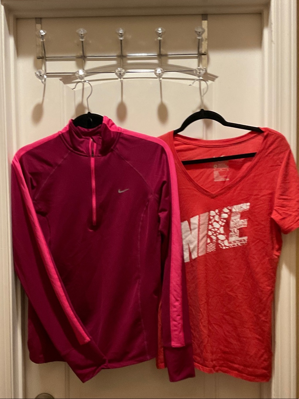 Nike Women's Magenta Quarter-Zip Pullover & Red Nike Logo V-Neck Tee. Size M